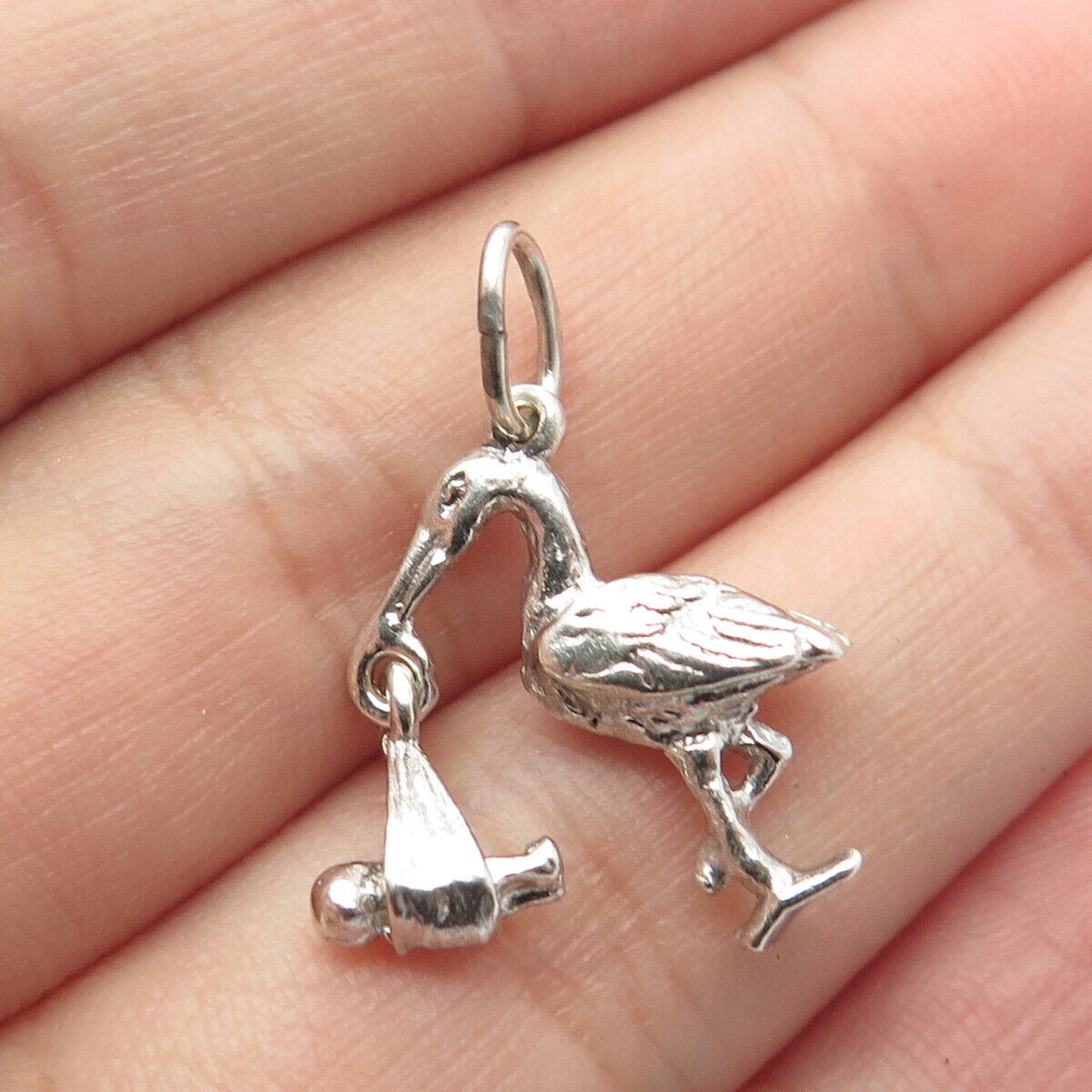 925 Sterling Silver Vintage Stork w/ Baby Pendant