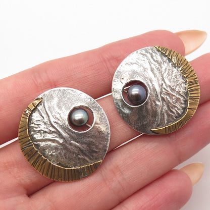 925 Sterling Silver 2-Tone Vintage Real Gray Pearl Round Textured Earrings