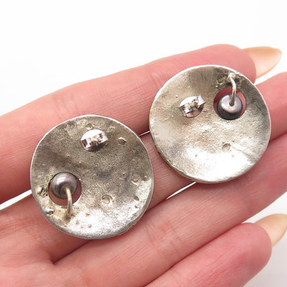 925 Sterling Silver 2-Tone Vintage Real Gray Pearl Round Textured Earrings