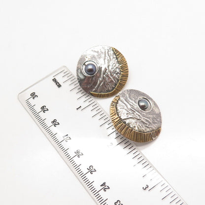 925 Sterling Silver 2-Tone Vintage Real Gray Pearl Round Textured Earrings