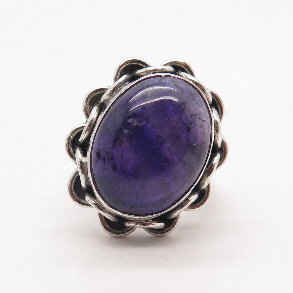 925 Sterling Silver Vintage Real Amethyst Gemstone Oval Ring Size 6.75