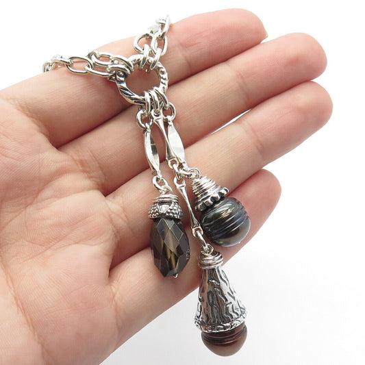 925 Sterling Silver Vintage Alana Love Pearl & Smoky Quartz Chain Necklace 14"