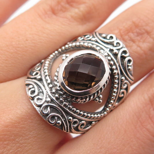 925 Sterling Silver Vintage Real Smoky Quartz Ornate Statement Ring Size 8.75