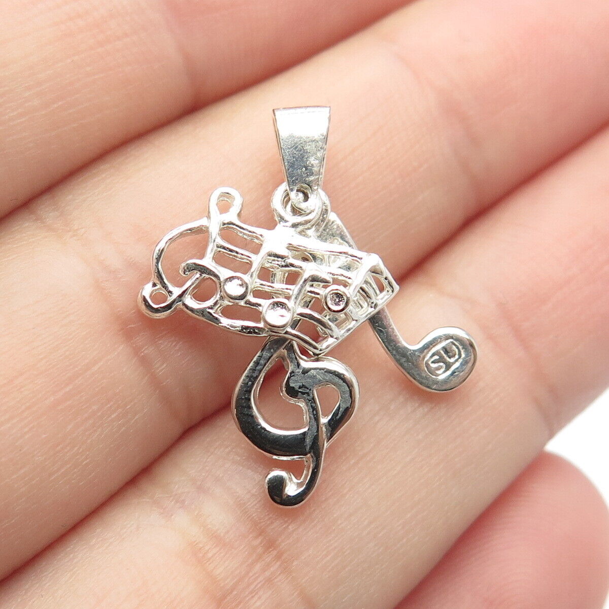 925 Sterling Silver Vintage SU Treble Clef & Musical Notes Charm Pendant