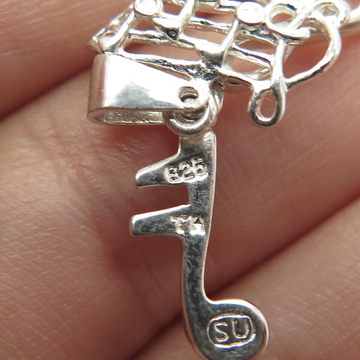 925 Sterling Silver Vintage SU Treble Clef & Musical Notes Charm Pendant