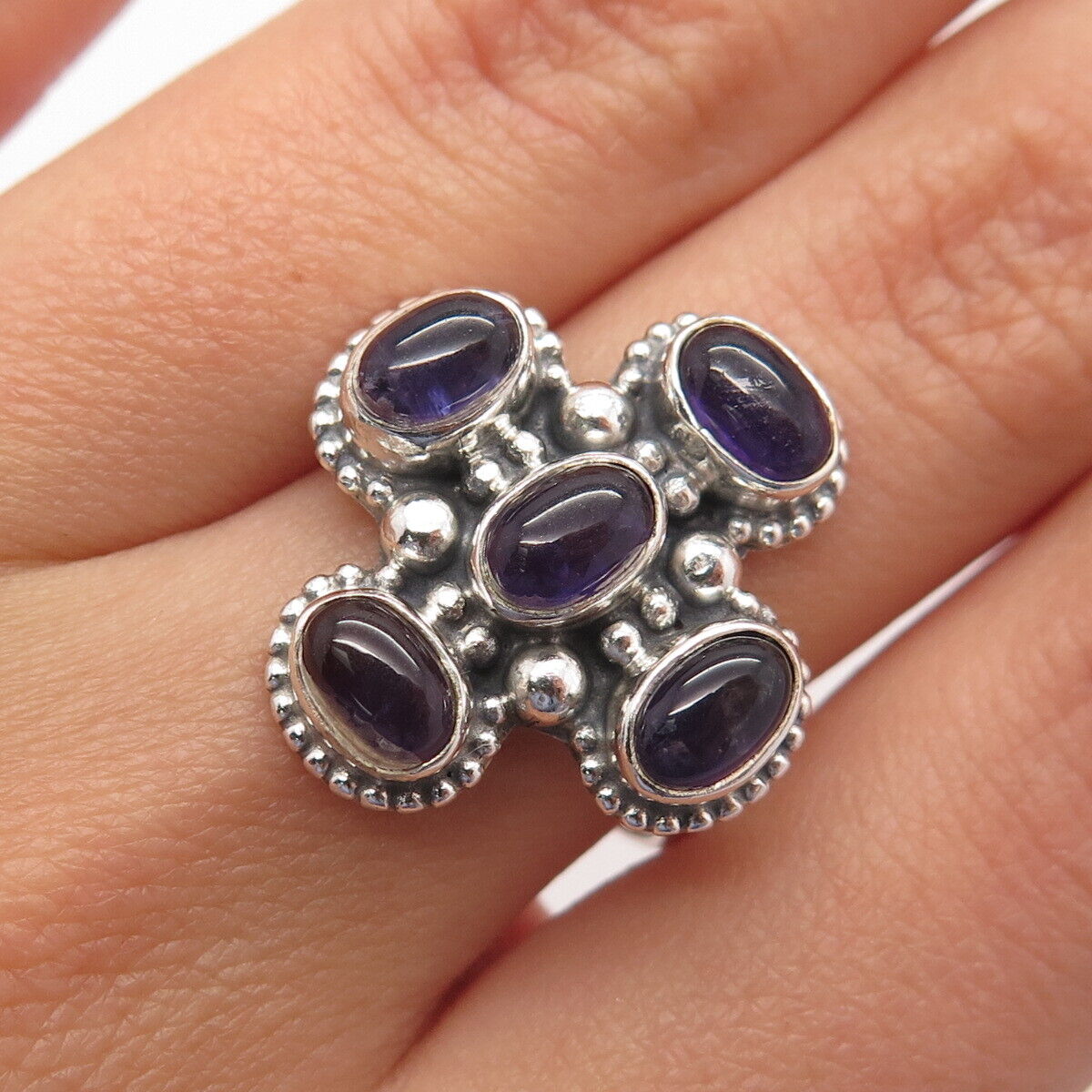 925 Sterling Silver Vintage Real Amethyst Gemstone Beaded Ring Size 7.25