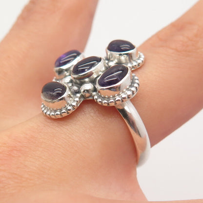 925 Sterling Silver Vintage Real Amethyst Gemstone Beaded Ring Size 7.25