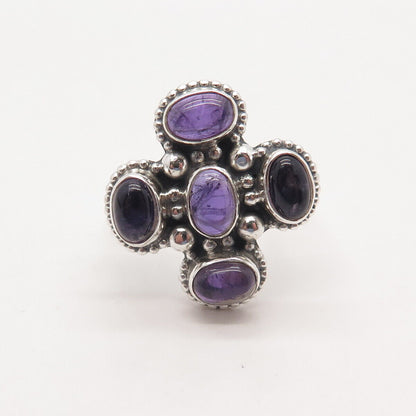 925 Sterling Silver Vintage Real Amethyst Gemstone Beaded Ring Size 7.25