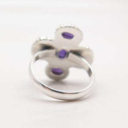 925 Sterling Silver Vintage Real Amethyst Gemstone Beaded Ring Size 7.25