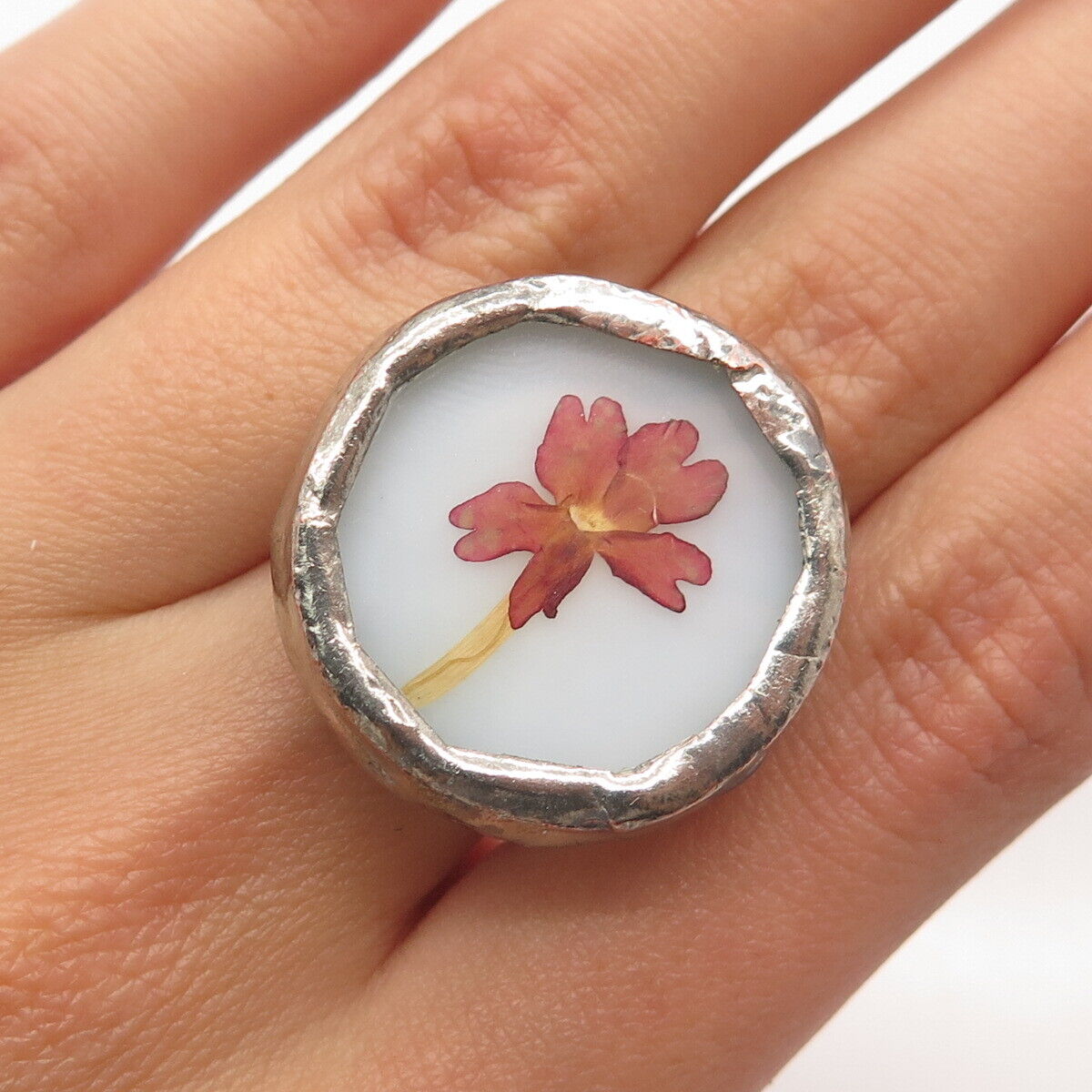 925 Sterling Silver Antique Ceramic Hand-Painted Floral Ring Size 8