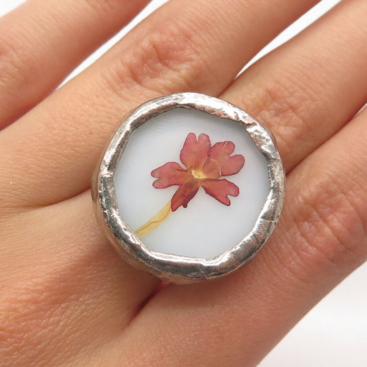 925 Sterling Silver Antique Ceramic Hand-Painted Floral Ring Size 8