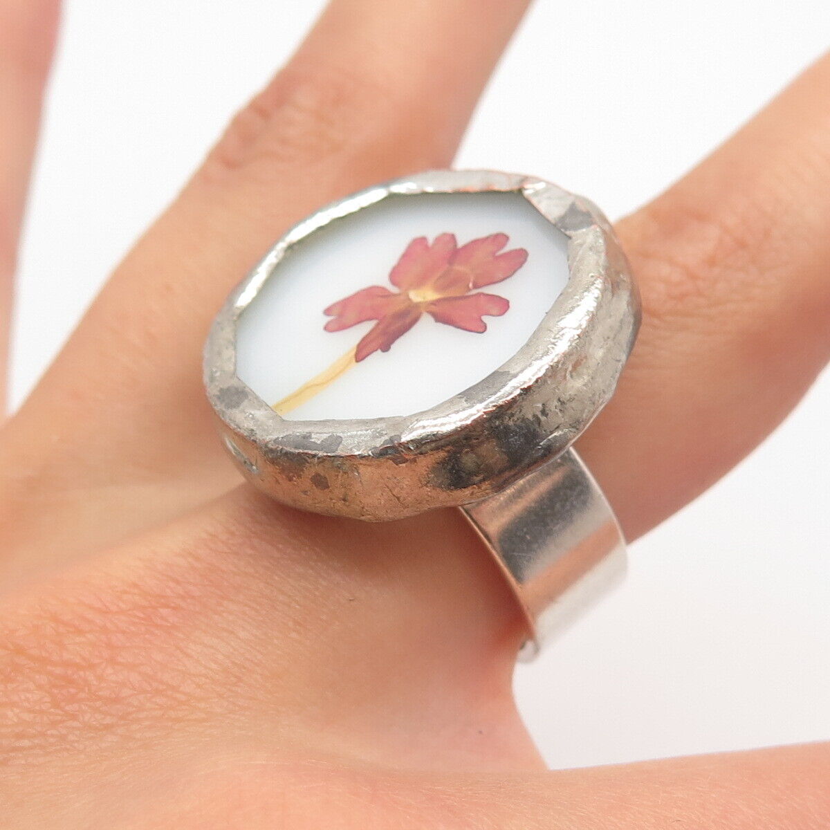 925 Sterling Silver Antique Ceramic Hand-Painted Floral Ring Size 8
