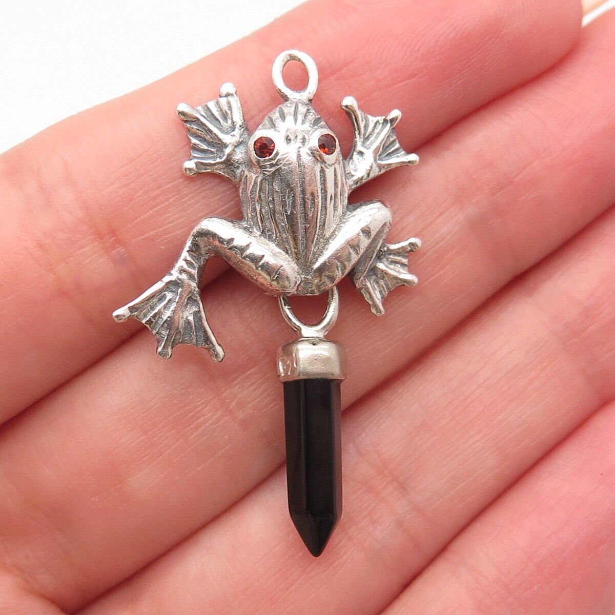 925 Sterling Silver Vintage Real Black Onyx Gem Fog For Good Luck Amulet Pendant