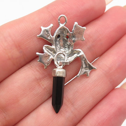 925 Sterling Silver Vintage Real Black Onyx Gem Fog For Good Luck Amulet Pendant