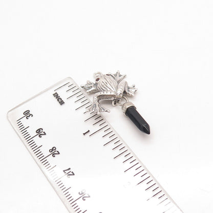 925 Sterling Silver Vintage Real Black Onyx Gem Fog For Good Luck Amulet Pendant