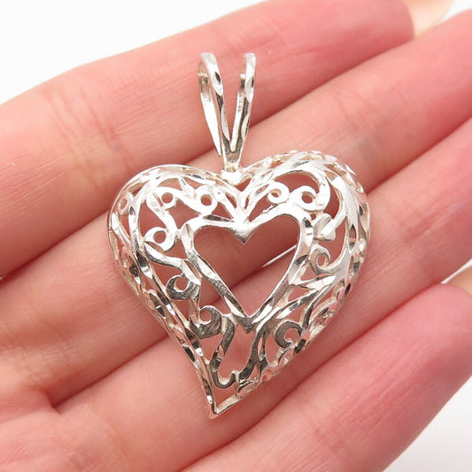 925 Sterling Silver Vintage Ornate Open Heart Slide Pendant