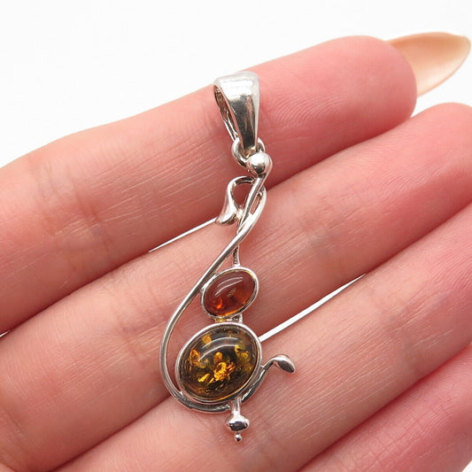 925 Sterling Silver Vintage Real Multi-Color Amber Modernist Treble Clef Pendant