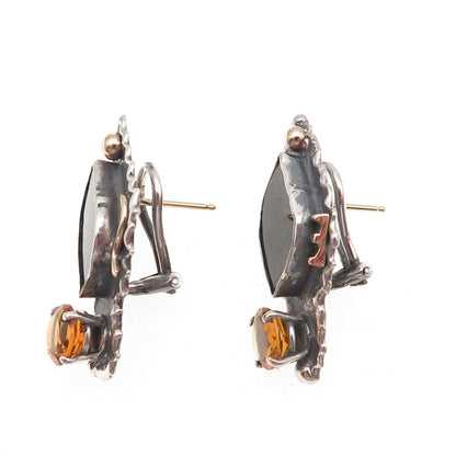 H & BJ Mackie 925 Sterling 14K Gold Vintage Ammolite Citrine Omega Back Earrings