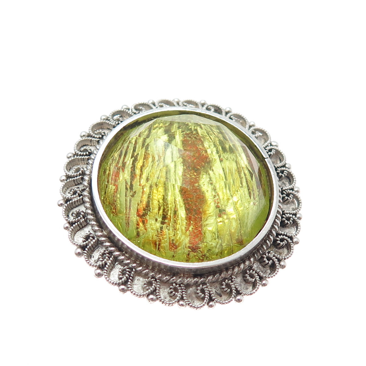 925 Sterling Silver Vintage Mexico Dichroic Glass Sun Pin Brooch / Pendant