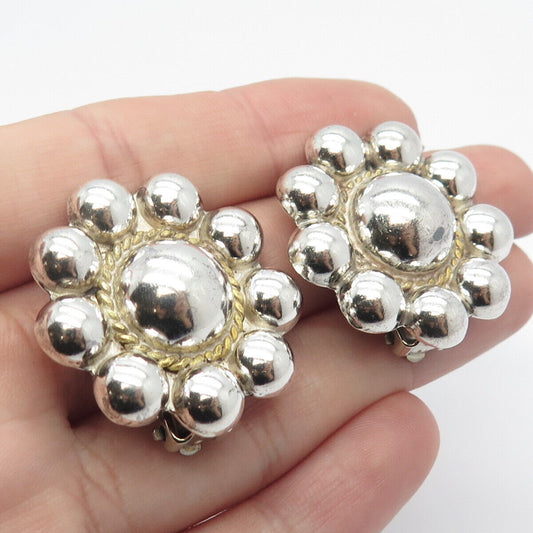 925 Sterling Silver 2-Tone Vintage Mexico Beaded Clip On Earrings