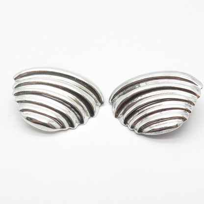 925 Sterling Silver Vintage Mexico Ribbed Shell Clip On Earrings