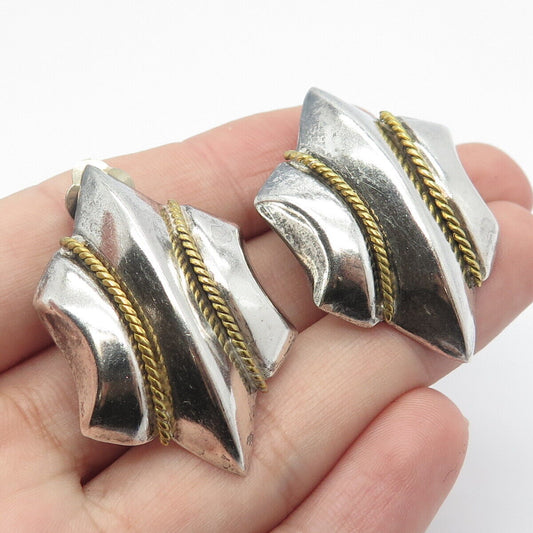 925 Sterling Silver 2-Tone Vintage Mexico Twisted Modernist Clip On Earrings