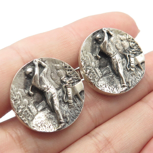 925 Sterling Silver Vintage F & S Golfer Round Cufflinks