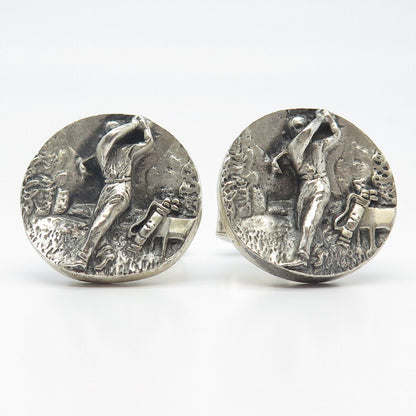 925 Sterling Silver Vintage F & S Golfer Round Cufflinks