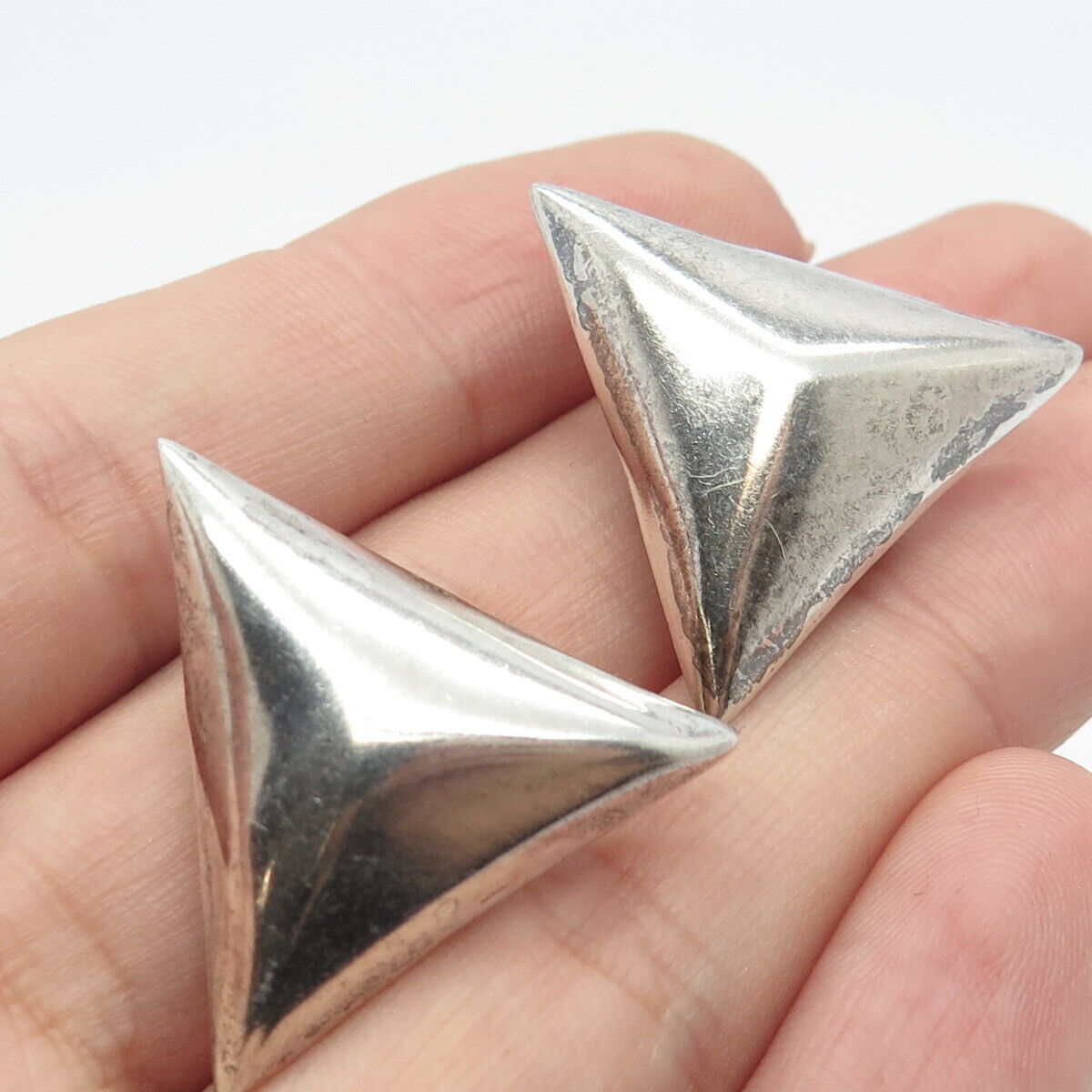 925 Sterling Silver Vintage Mexico Triangle Clip On Earrings