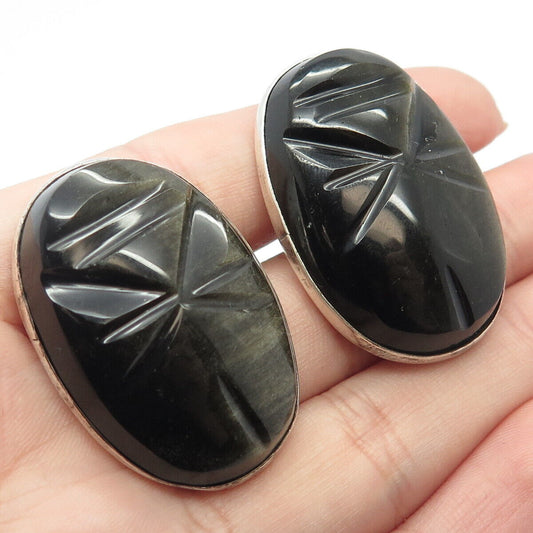 925 Sterling Silver Vintage Mexico Real Obsidian Gem Carved Oval Cufflinks