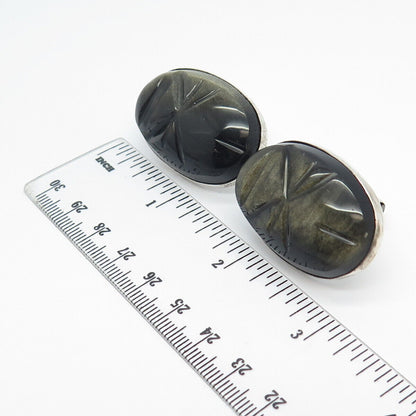 925 Sterling Silver Vintage Mexico Real Obsidian Gem Carved Oval Cufflinks