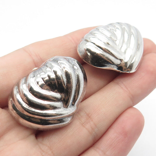 925 Sterling Silver Vintage Mexico Ribbed Abstract Heart Clip On Earrings