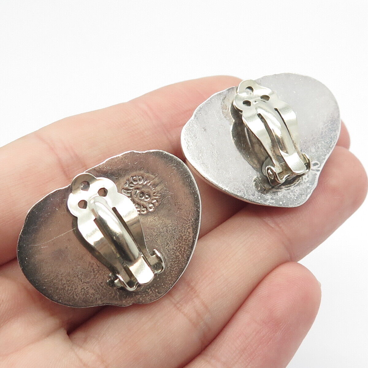 925 Sterling Silver Vintage Mexico Ribbed Abstract Heart Clip On Earrings