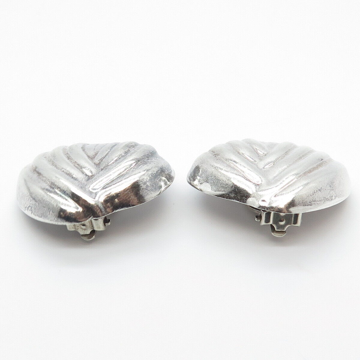 925 Sterling Silver Vintage Mexico Ribbed Abstract Heart Clip On Earrings