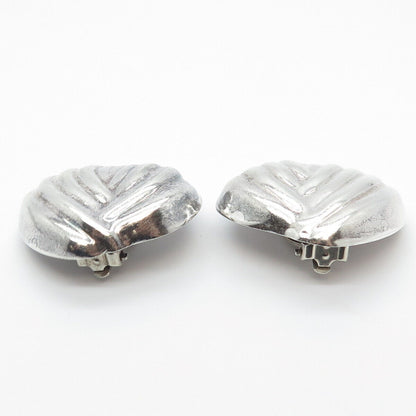 925 Sterling Silver Vintage Mexico Ribbed Abstract Heart Clip On Earrings