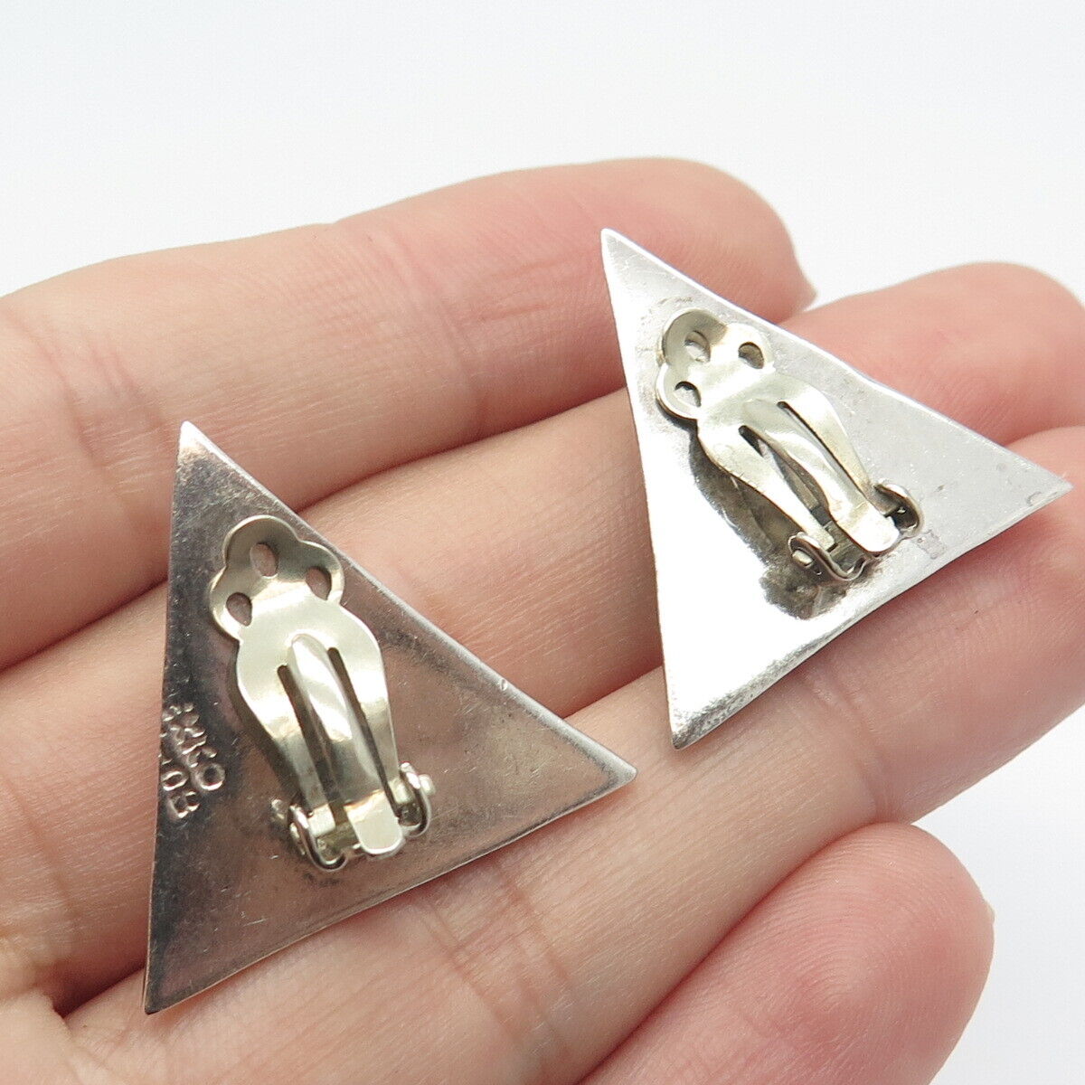 925 Sterling Silver Vintage Mexico Triangle Clip On Earrings