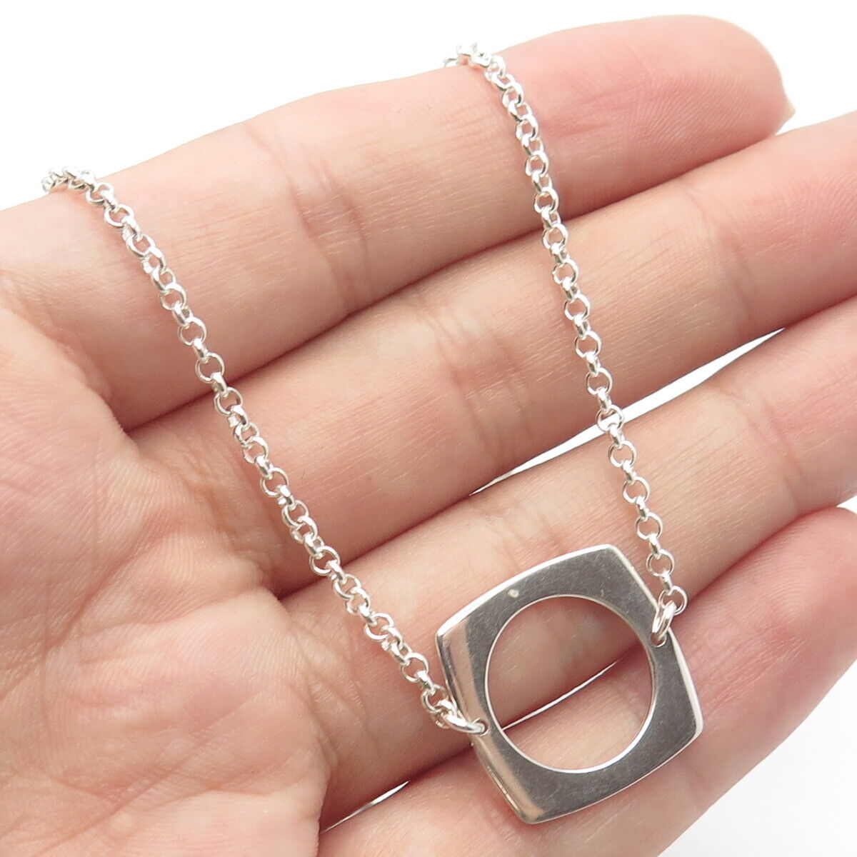 925 Sterling Silver Vintage Geometric Shapes Station Rolo Chain Necklace 32"