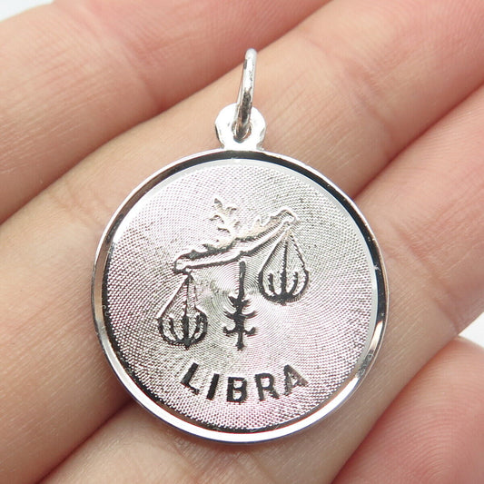 925 Sterling Silver Vintage Satin Finish "Lbra" Zodiac Sign Round Pendant