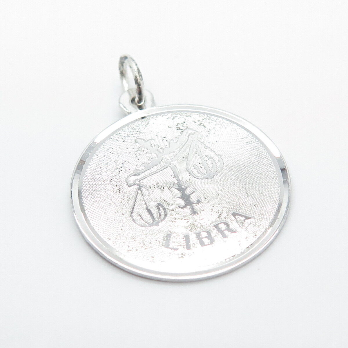 925 Sterling Silver Vintage Satin Finish "Lbra" Zodiac Sign Round Pendant