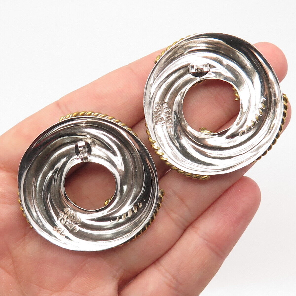 925 Sterling Silver 2-Tone Vintage Mexico Twisted Round Earrings