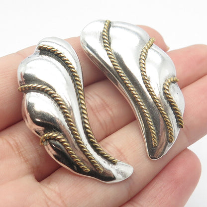 925 Sterling Silver 2-Tone Vintage Mexico Twisted Modernist Clip On Earrings