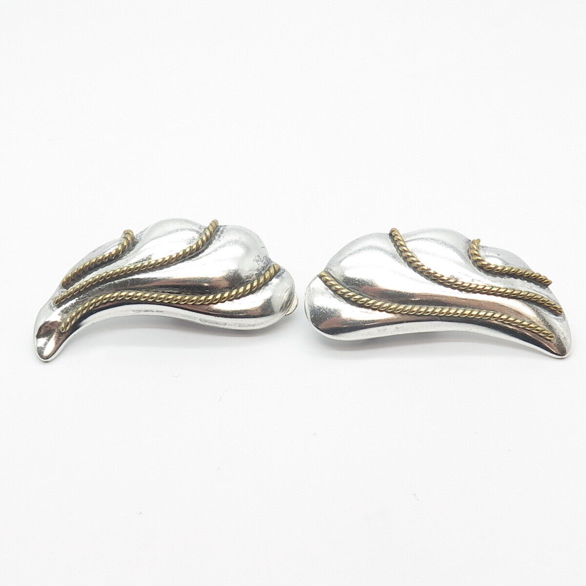 925 Sterling Silver 2-Tone Vintage Mexico Twisted Modernist Clip On Earrings