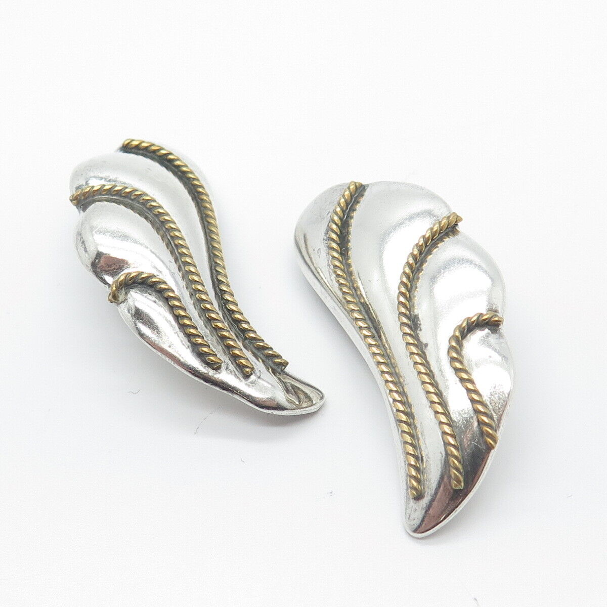 925 Sterling Silver 2-Tone Vintage Mexico Twisted Modernist Clip On Earrings