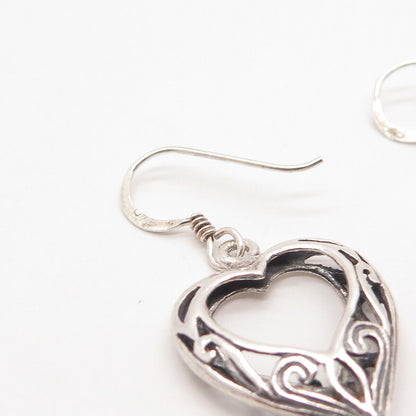 925 Sterling Silver Vintage Ornate Heart Drop Earrings