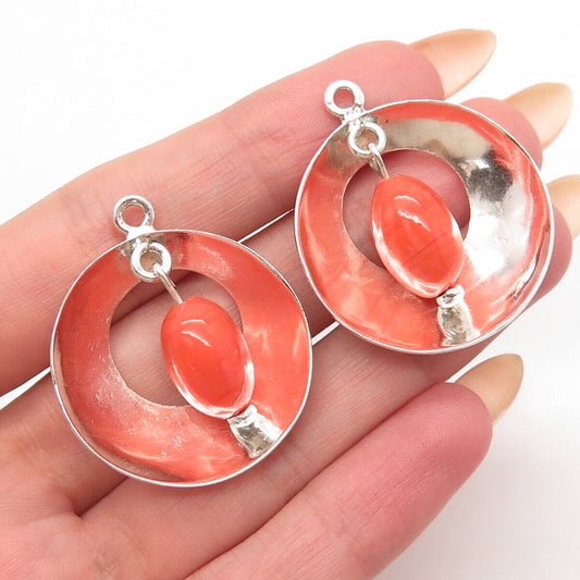 925 Sterling Silver Vintage Mexico Real Coral Modernist Jacket Earrings