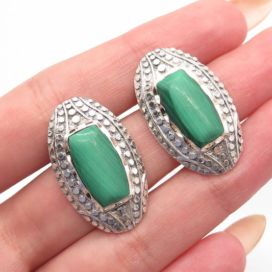 925 Sterling Silver Vintage Real Malachite Gemstone Dots Earrings