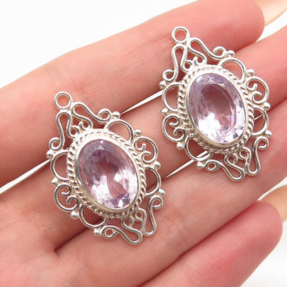 925 Sterling Silver Vintage Real Amethyst Gemstone Ornate Jacket Earrings