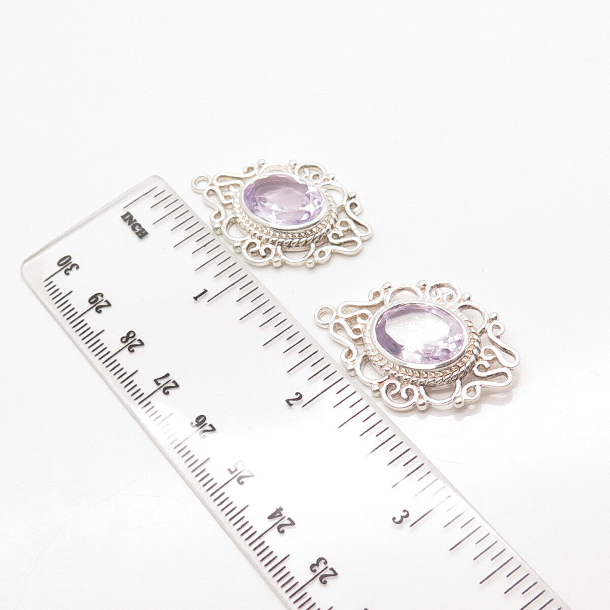 925 Sterling Silver Vintage Real Amethyst Gemstone Ornate Jacket Earrings