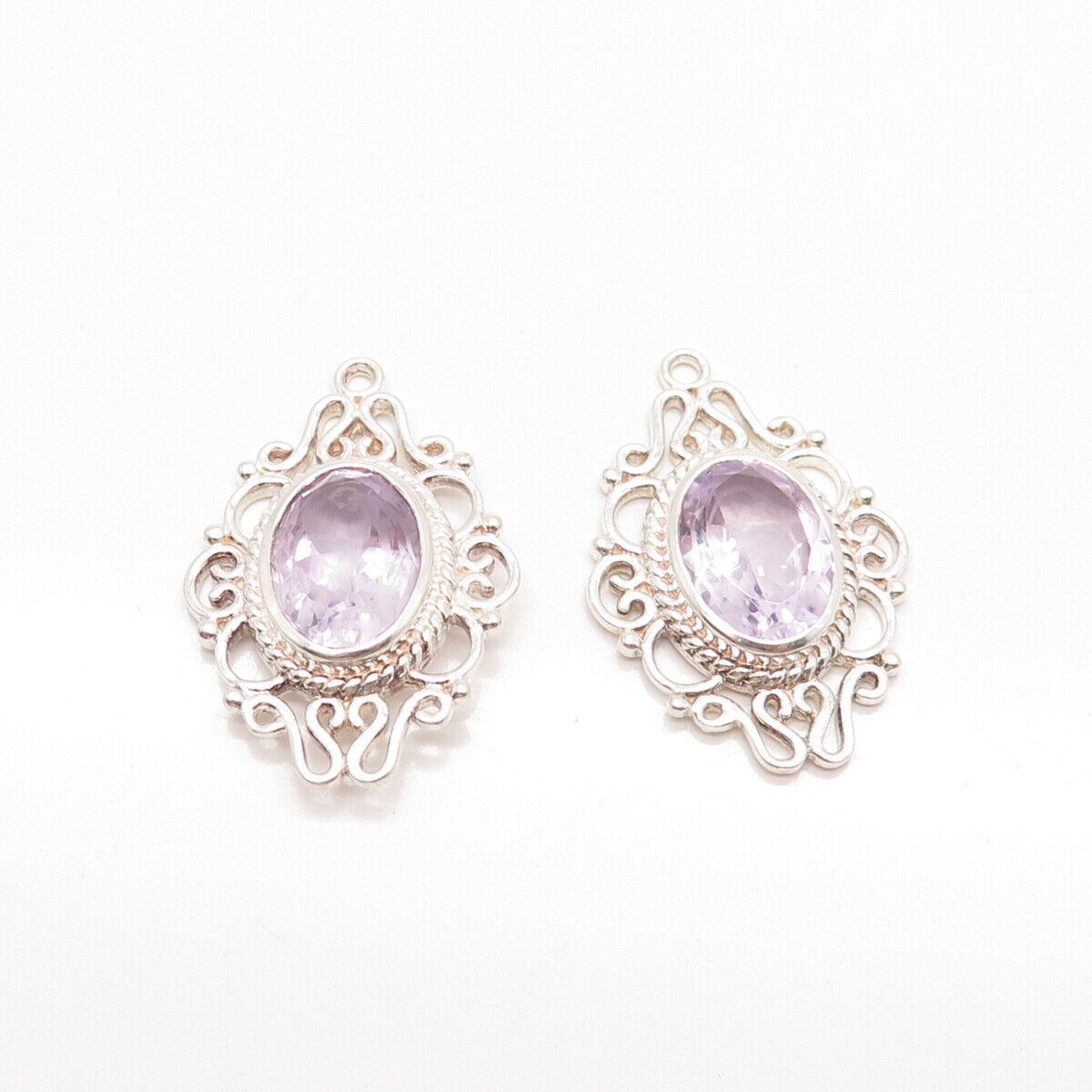 925 Sterling Silver Vintage Real Amethyst Gemstone Ornate Jacket Earrings