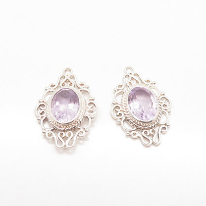 925 Sterling Silver Vintage Real Amethyst Gemstone Ornate Jacket Earrings